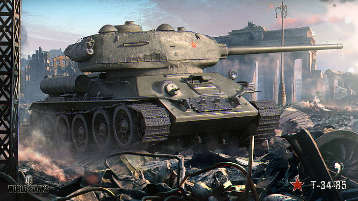 Serbatoio grigio sfondo grafico, città, guerra, fumo, rovine, carro armato, arco, rovine, sovietico, media, World of Tanks, T-34-85, Sfondo HD