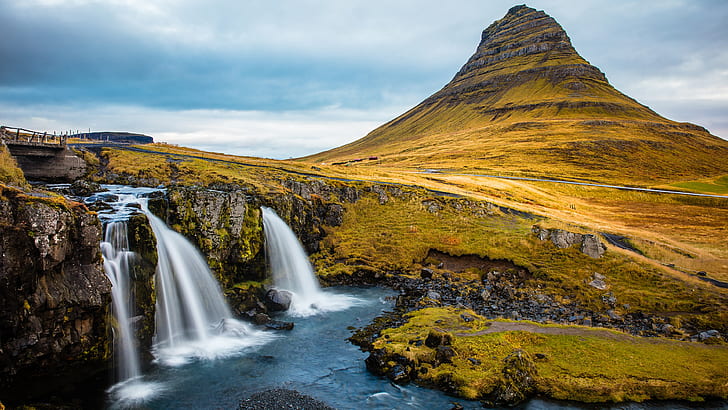природа, исландия, водопад, пейзаж, вода, HD обои