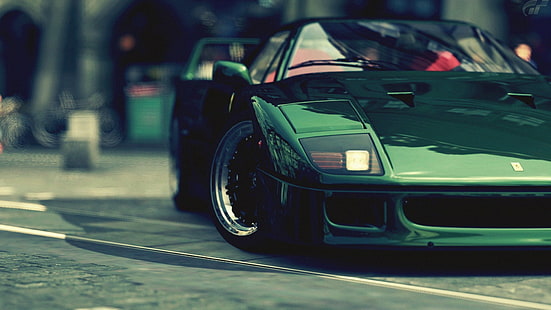 green car, car, Ferrari, Ferrari F40, Gran Turismo 5, video games, vehicle, HD wallpaper HD wallpaper