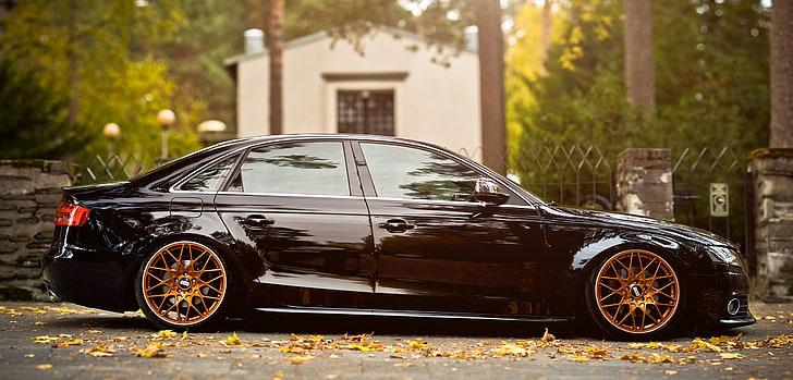 black sedan, autumn, leaves, Audi A4 B8, HD wallpaper