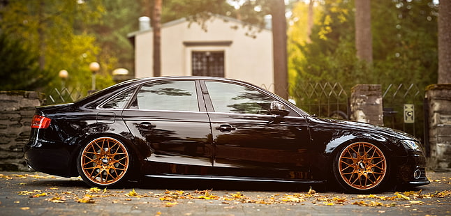 black sedan, autumn, leaves, Audi A4 B8, HD wallpaper HD wallpaper
