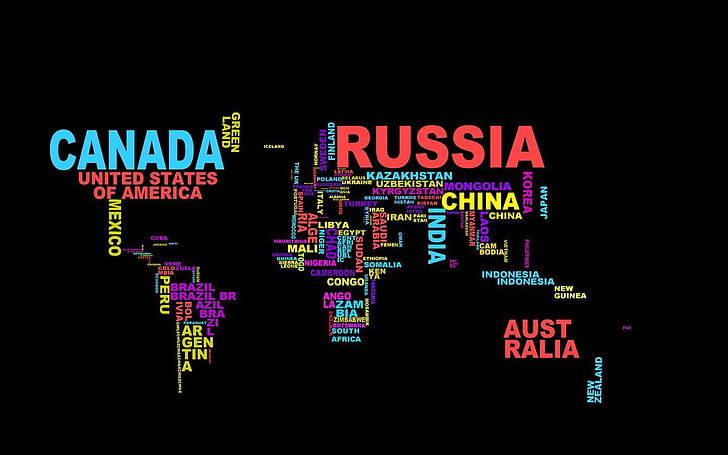 Canada and Russia text, map, typography, colorful, world, world map, Russia, word clouds, black background, digital art, simple background, HD wallpaper