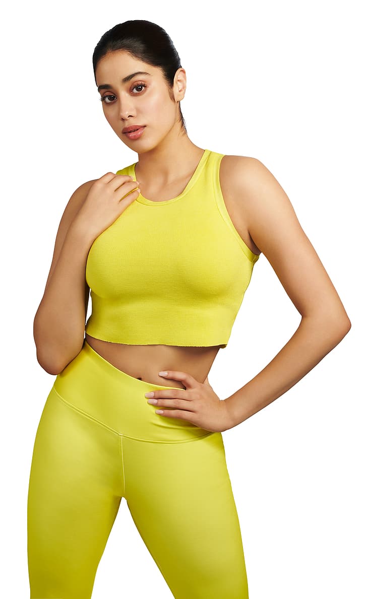 Janhvi Kapoor, celebridade, vestido amarelo, leggings, atrizes de Bollywood, HD papel de parede, papel de parede de celular