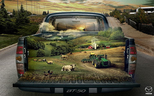 vit och svart ko, bil, målning, 3D, gård, traktorer, surrealistisk, ko, får, väg, HD tapet HD wallpaper