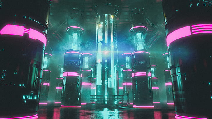 David Legnon, cyberpunk, mesin, kamar, pilar, lampu neon, merah muda, biru, asap, fiksi ilmiah, Wallpaper HD