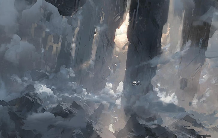 серая гора, иллюстрация, Halo, облака, концепт-арт, видеоигры, научная фантастика, HD обои