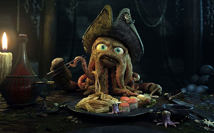 ภาพประกอบแอนิเมชั่น 3 มิติสีน้ำตาลปลาหมึก, ปลาหมึก, งานศิลปะ, Pirates of the Caribbean, วอลล์เปเปอร์ HD