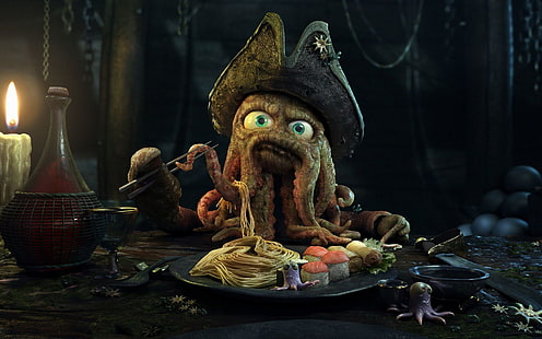 brown octopus 3D animated illustration, octopus, artwork, Pirates of the Caribbean, HD wallpaper HD wallpaper