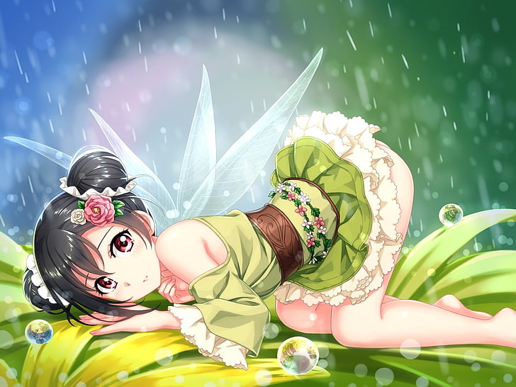 yazawa nico, love live, fairy, wings, dress, lying down, bubbles, Anime, HD wallpaper