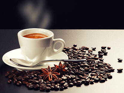 접시, 커피, 커피 콩, 컵, 계 피와 함께 흰색 세라믹 찻잔, HD 배경 화면 HD wallpaper