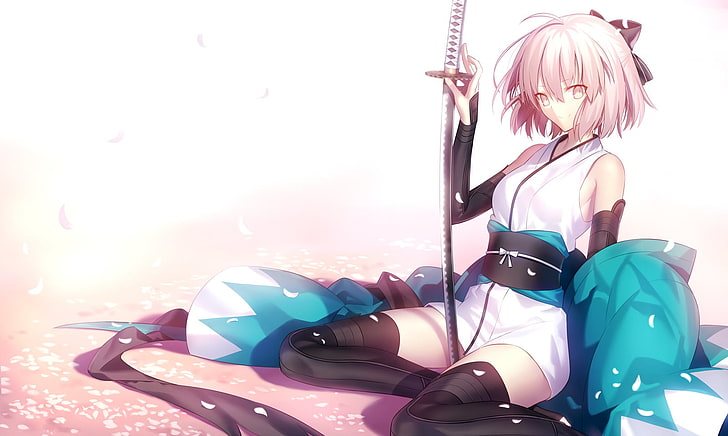 Fate/Grand Order, Fate Series, Saber, Sakura Saber, white  background, girls with swords, HD wallpaper