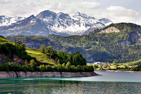 landscape photography of mountains surrounded by body of water, Swiss Alps, landscape photography, body of water, lake, Switzerland, Swiss  Alps, Alps  mountains, hills, trees, vacation, scenic, vivid, picturesque, snowy, picks, Interlaken, canon, XS, sigma, 70mm, cloudy, day, mountain, nature, landscape, summer, scenics, outdoors, europe, european Alps, water, green Color, travel, river, sky, HD wallpaper HD wallpaper