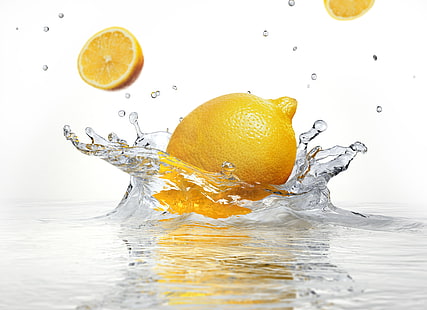 레몬 감귤류 과일, 물, 물총, 레몬, 흰색 배경, 스프레이, HD 배경 화면 HD wallpaper