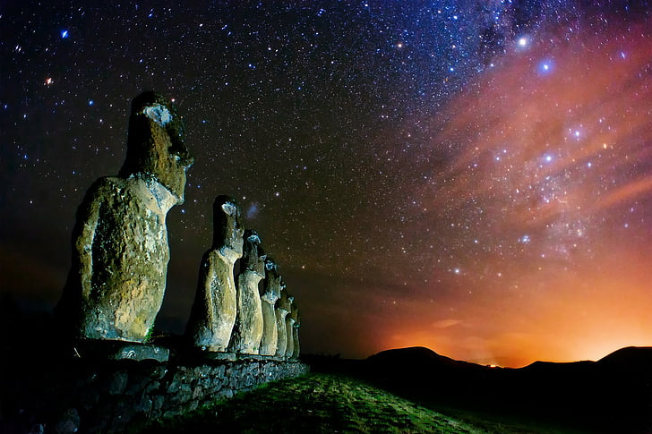 사람이 만든, 모아이, 칠레의 Protectorat, 이스터 섬, 밤, 라파 누이, 별이 빛나는 하늘, HD 배경 화면