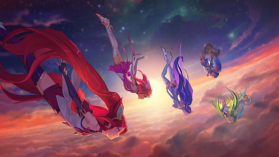 League of Legends Star Guardians wallpaper, League of Legends, Lux (League of Legends), Janna (League of Legends), Poppy (League of Legends), Jinx (League of Legends), Lulu (League of Legends), clouds, horizon, stars, constellations, skydiving, Star Guardian, HD wallpaper HD wallpaper