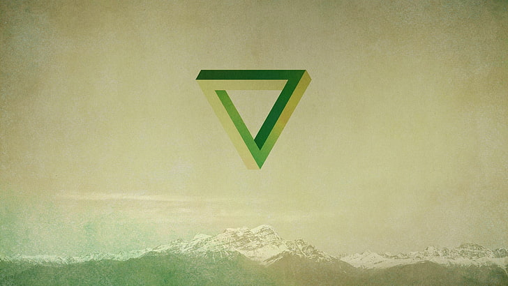 зелено лого, триъгълник на Пенроуз, геометрия, зелено, планини, HD тапет