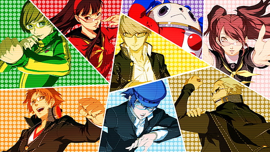 Persona 4, Satonaka Chie, Amagi Yukiko, Hanamura Yosuke, Shirogane Naoto, Kujikawa Rise, Tatsumi Kanji, Fondo de pantalla HD HD wallpaper