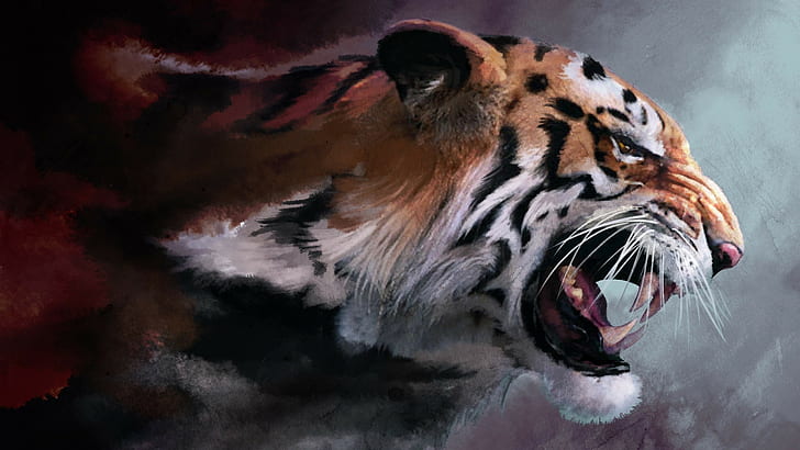 Тигр Абстракция HD, белая рамка, картина тигра, абстракция, цифровая графика, тигр, HD обои