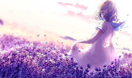Anime girl, Lavender flowers, Purple, 4K, Spring, HD wallpaper HD wallpaper