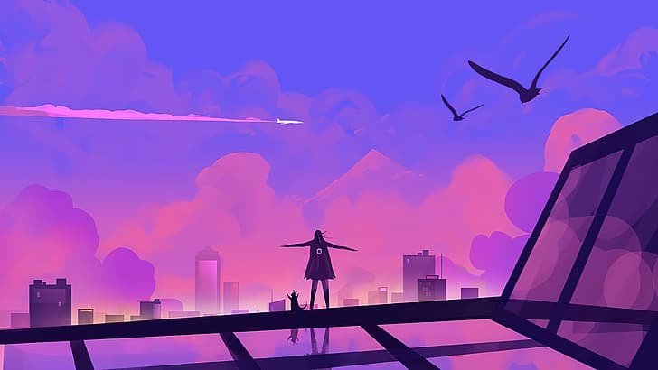 digital art, artwork, illustration, environment, pink, violet, pink background, concept art, dom, sky, skyscape, city, cityscape, tower, skyscraper, building, clouds, mountains, landscape, birds, women, outdoors, aircraft, airplane, HD wallpaper