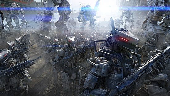 خلفية الروبوتات الرمادية ، مستقبلية ، روبوت ، Titanfall ، بندقية ، ميكانيكية ، جندي ، ألعاب فيديو ، خيال علمي، خلفية HD HD wallpaper