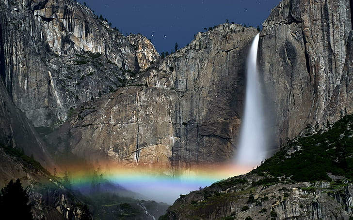 Yosemite Falls Moonbow, น้ำตกโยเซมิตี, ดาว, สวนสาธารณะ, ธรรมชาติ, สวยงาม, รุ้ง, น้ำตก, แห่งชาติ, น่าทึ่ง, กลางคืน, 3 มิติและนามธรรม, วอลล์เปเปอร์ HD