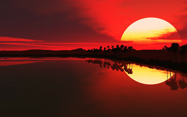sunset, Red sun, beach, sky, reflection, red background, nature, HD wallpaper