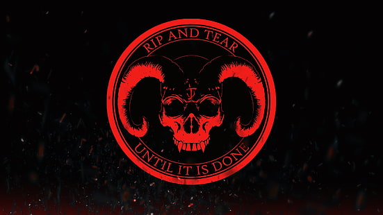 черно и червено Rip and Tear, докато не е направено лого, Doom 4, Doom (игра), демон, дяволи, сатанински, сатанизъм, червено, символи, цитат, видео игри, минимализъм, метъл музика, HD тапет HD wallpaper