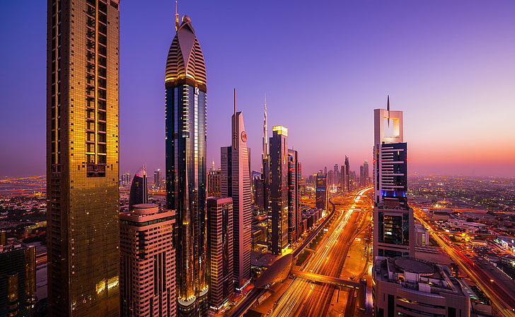 Ilustración del edificio de la ciudad, la ciudad, las luces, el hogar, la noche, extracto, Dubai, Emiratos Árabes Unidos, la autopista lleva el nombre de Sheikh Zayed, Fondo de pantalla HD