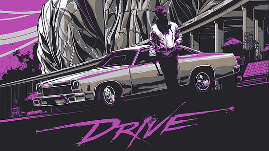 mężczyzna w białej kurtce obok ilustracji szarego samochodu, Drive (film), Ryan Gosling, Tapety HD HD wallpaper