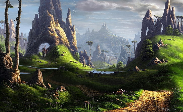 Fantastische Landschaft, Tapete des grünen Grases, künstlerisch, Fantasie, HD-Hintergrundbild