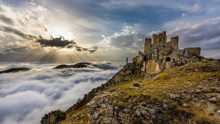 arquitetura, castelo, antiga, natureza, árvores, paisagem, nuvens, Itália, ruína, colinas, rocha, pedras, raios de sol, HD papel de parede