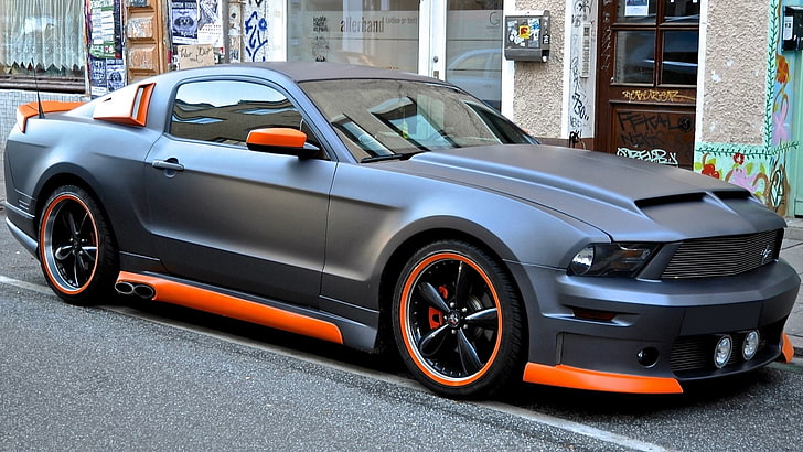 матово-серый и оранжевый Ford Mustang купе, форд, мустанг, тюнинг, HD обои