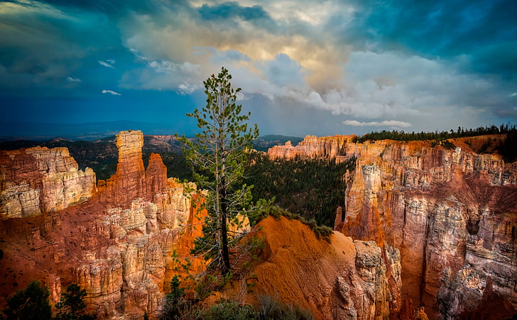 Bryce Canyon, green leafed tree, United States, Utah, Blue, Travel, Nature, Beautiful, Landscape, Green, Trees, Cloudy, Storm, Clouds, Gorgeous, national park, bryce canyon, HD wallpaper