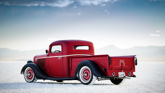 Червен класически автомобил, червен класически единичен пикап, класически, HD тапет HD wallpaper