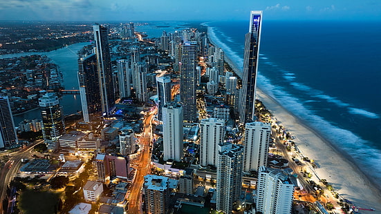 Gold Coast, paesaggio urbano, costa, metropoli, costa, grattacieli, orizzonte, fotografia aerea, palazzone, oceano, paesaggio urbano blu, ora blu, design urbano, Queensland, Australia, Sfondo HD HD wallpaper