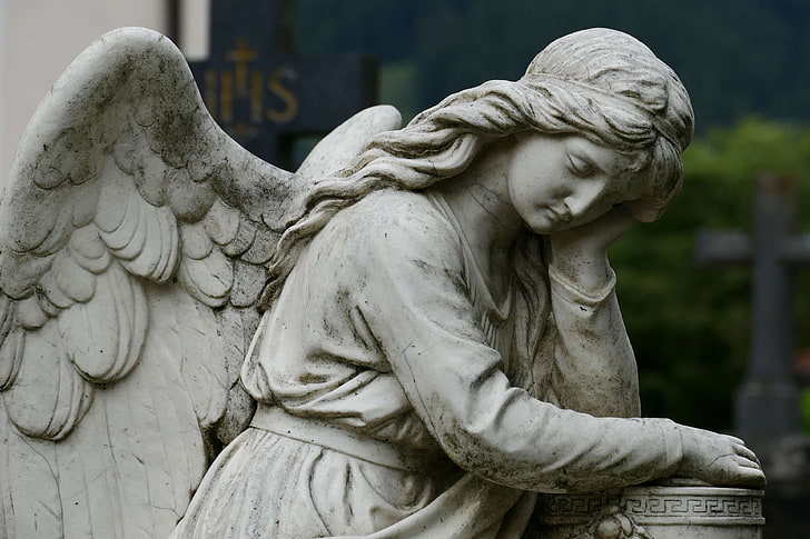 angel, art, cemetery, cross, death, guard, introspective, mourning, rock carving, sad, sculpture, thoughtful, tired, HD wallpaper