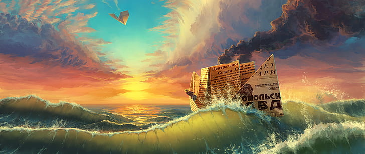 fantasy art, ultra-wide, waves, HD wallpaper