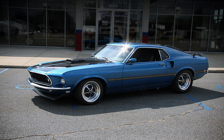 niebieskie coupe, samochód, Ford, Ford Mustang, Ford Mustang Mach 1, Tapety HD