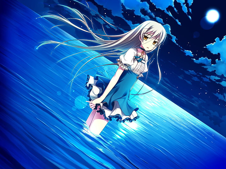 female gray hair anime character illustration, girl, moon, look, water, HD wallpaper