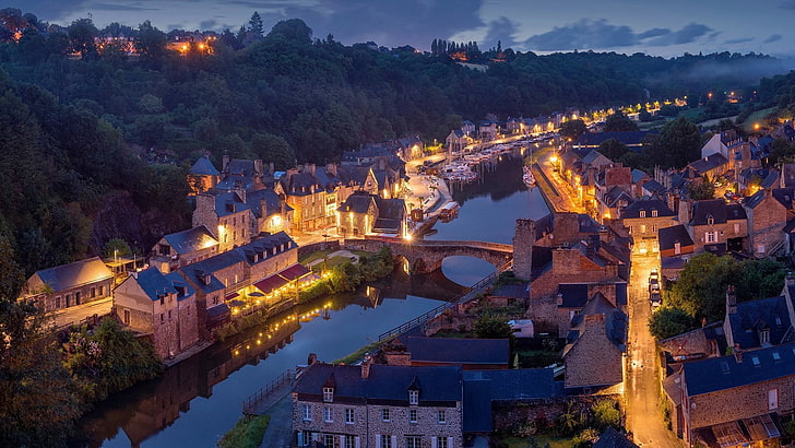 town, dinan, france, europe, tourist attraction, mountain village, birds eye view, evening, aerial photography, cityscape, night, tourism, HD wallpaper