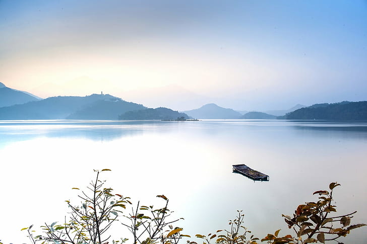 boat on center of body of waqter, sun moon lake, taiwan, sun moon lake, taiwan, lake, mountain, nature, landscape, water, reflection, outdoors, scenics, sky, travel, asia, tree, forest, tranquil Scene, HD wallpaper