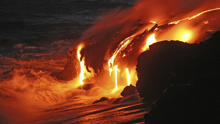 geologisches phänomen, wärme, phänomen, lava, heiß, ausbruch, vulkan, vulkanausbruch, ozean, kīlauea iki, hawaii vulkane nationalpark, nationalpark, vereinigte staaten, HD-Hintergrundbild