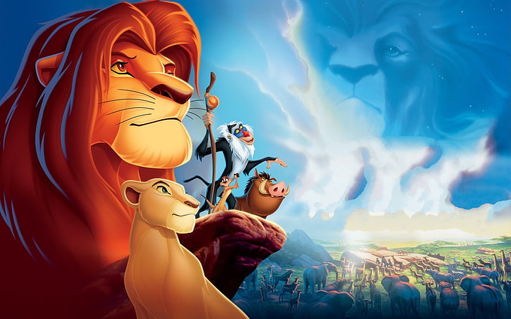The Lion King poster, animals, clouds, nature, rock, the film, Wallpaper, boar, lioness, Timon, the lion king, Pumbaa, Nala, Simba, Mandrill, Mufasa, Rafiki, meerkat, HD wallpaper