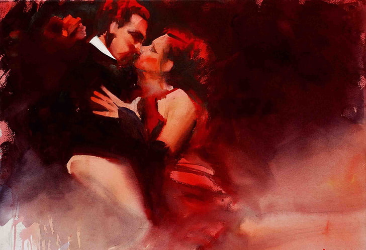 мужчина и женщина целуются живопись, страсть, женщина, танец, поцелуй, картина, арт, акварель, мужчина, двое, танго, Альваро Кастаньет, HD обои