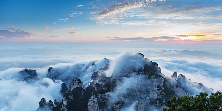 фотография, пейзаж, природа, горы, туман, облака, небо, деревья, Китай, HD обои