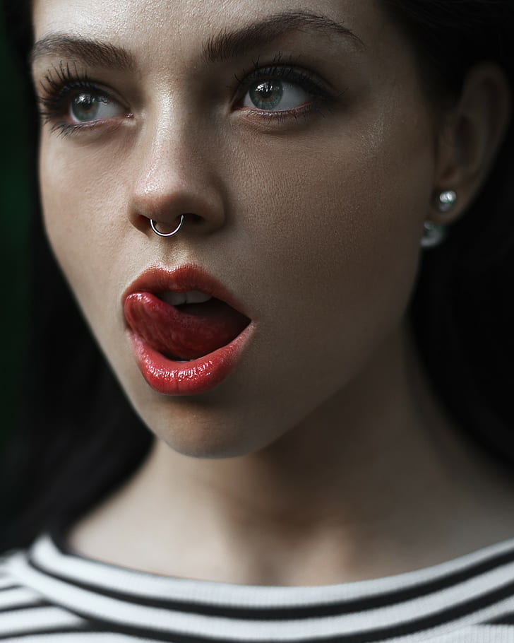 women, licking lips, face, nose rings, pierced septum, HD wallpaper
