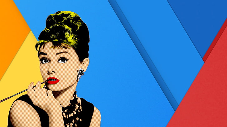 seni pop, Flatdesign, karya seni, wanita, kuning, biru, merah, Audrey Hepburn, Wallpaper HD