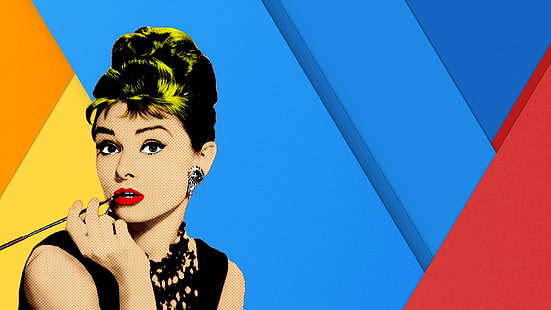 pop art, Flatdesign, artwork, women, yellow, blue, red, Audrey Hepburn, HD wallpaper HD wallpaper