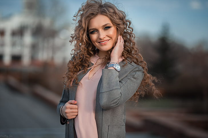 Dmitry Shulgin, smiling, women outdoors, curly hair, women, HD wallpaper
